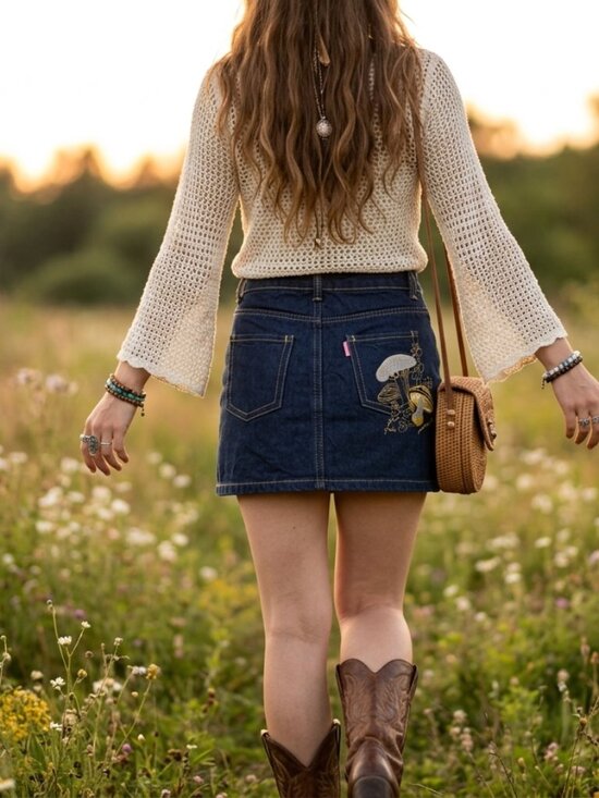 ODF Dresses & Skirts - On Dog N' Friends (ODF) Women's M Embroidered Mushroom Dark Denim Mini Skirt